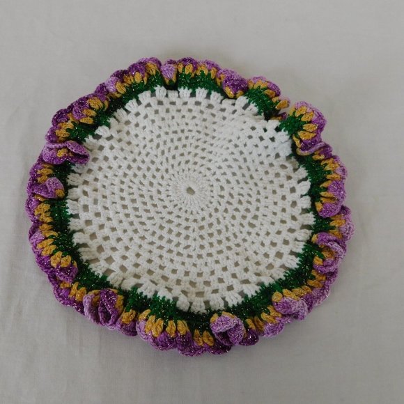 Crocheted Doily Round Purple Gold Green White Ruffled Edges Set of 2 Handmade - Picture 2 of 6